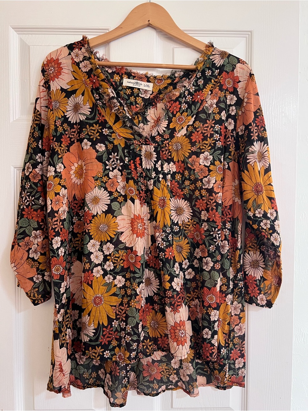 NATURAL LIFE NWOT Floral Tunic Top in Black, Mustard, Peach 100% Cotton